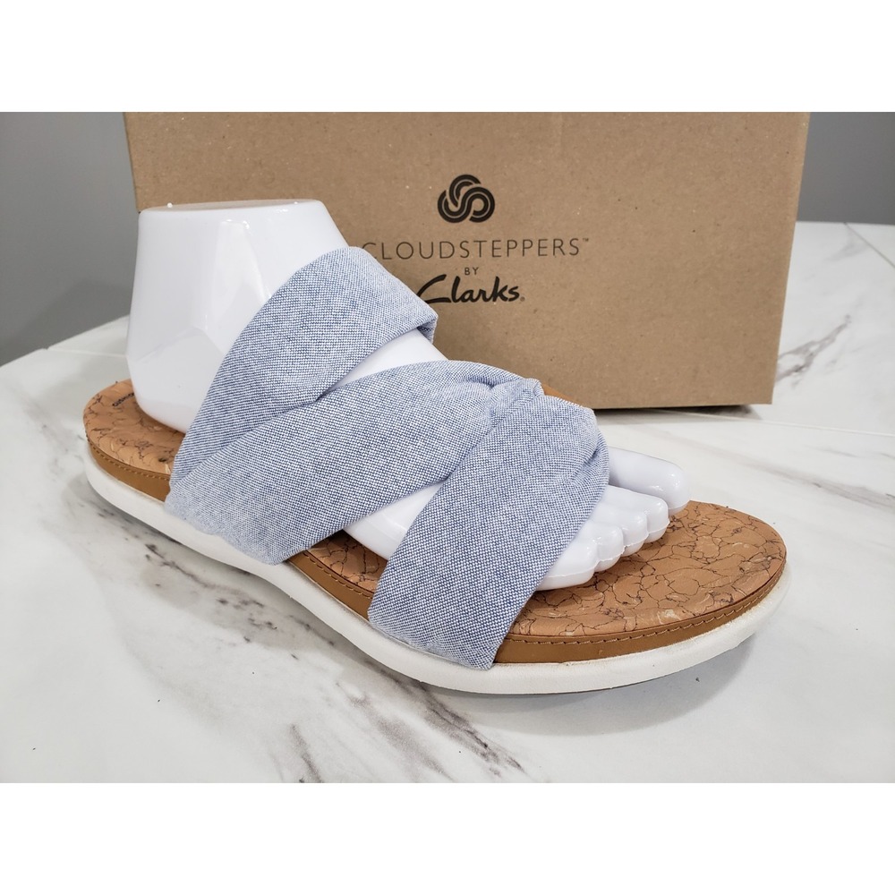 NEW SIZE 10 - Clark's Cloudsteppers Linen Slide Sandals Eliza Skip Natural Blue‎